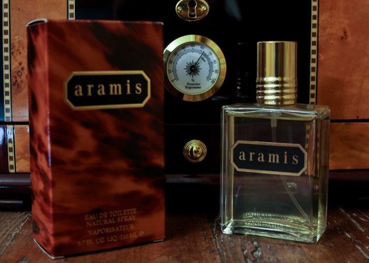 Aramis bottle with leather goods